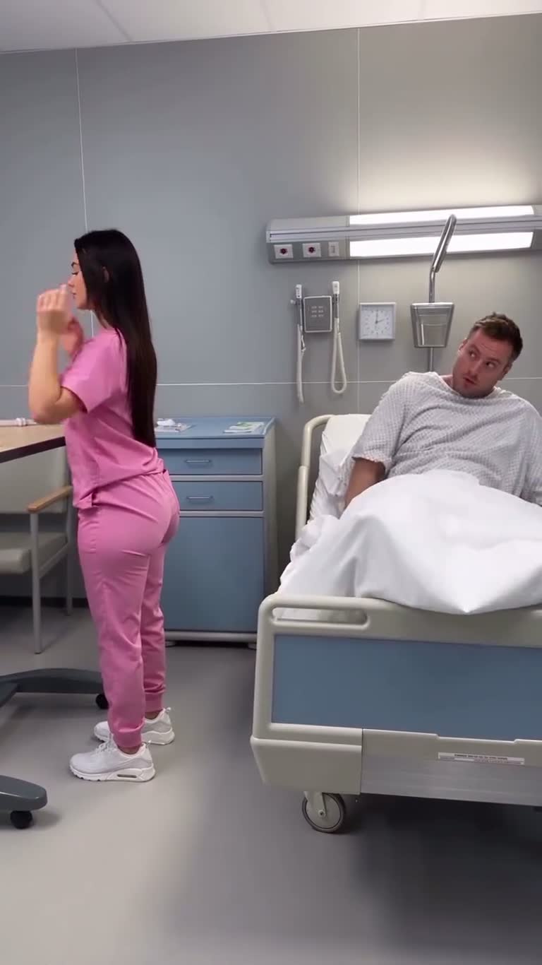 Hospital Skit Clip: A Nurse's Pose, a Patient's Wide-Eyed Stare
