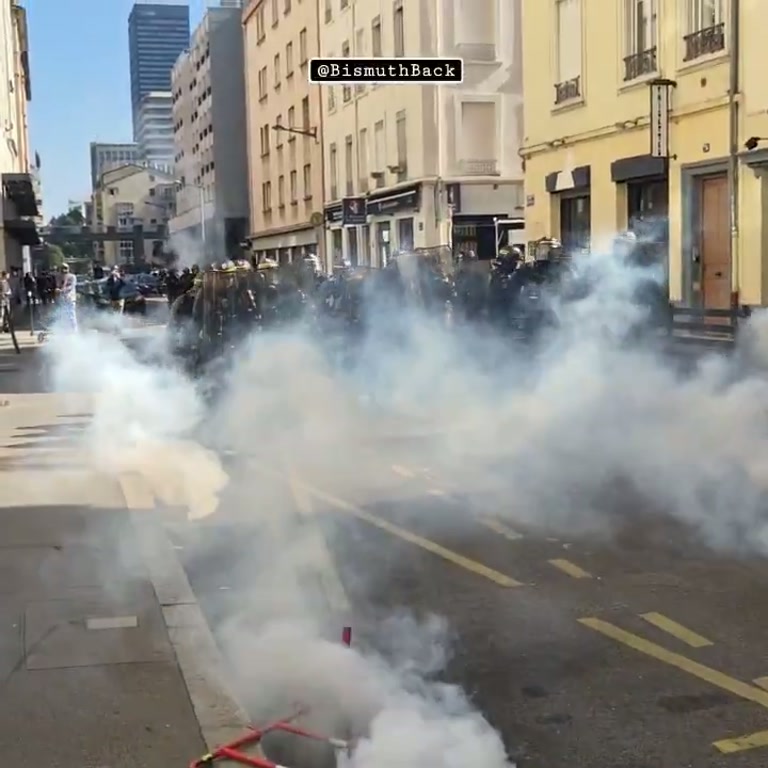 CRS Officers Charge Protesters on a Smoke-Filled Lyon Street