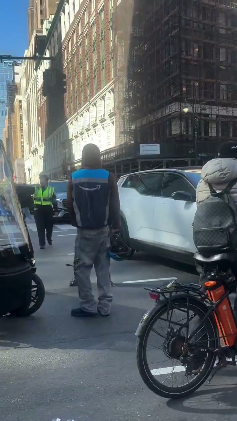 Two delivery drivers brawl on a New York street as crowds watch