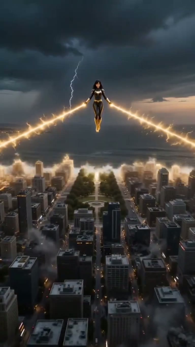 AI Superheroine Faces a Monster Wave in a City-Saving Clip