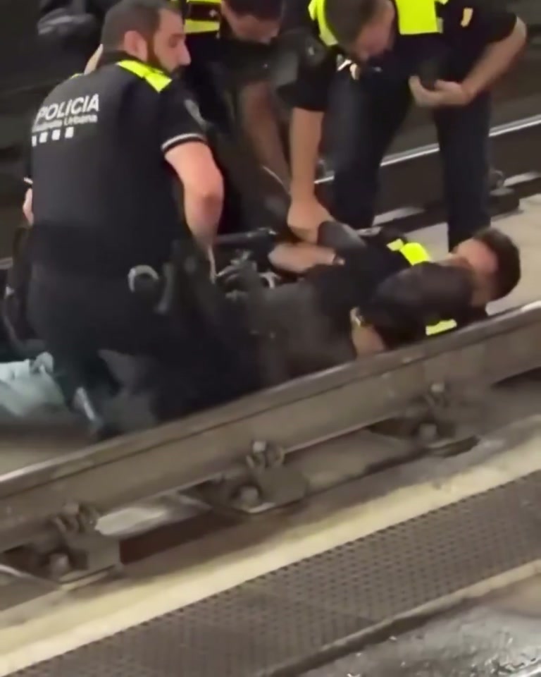 Six Officers Climb Down to the Tracks While a Platform Watches