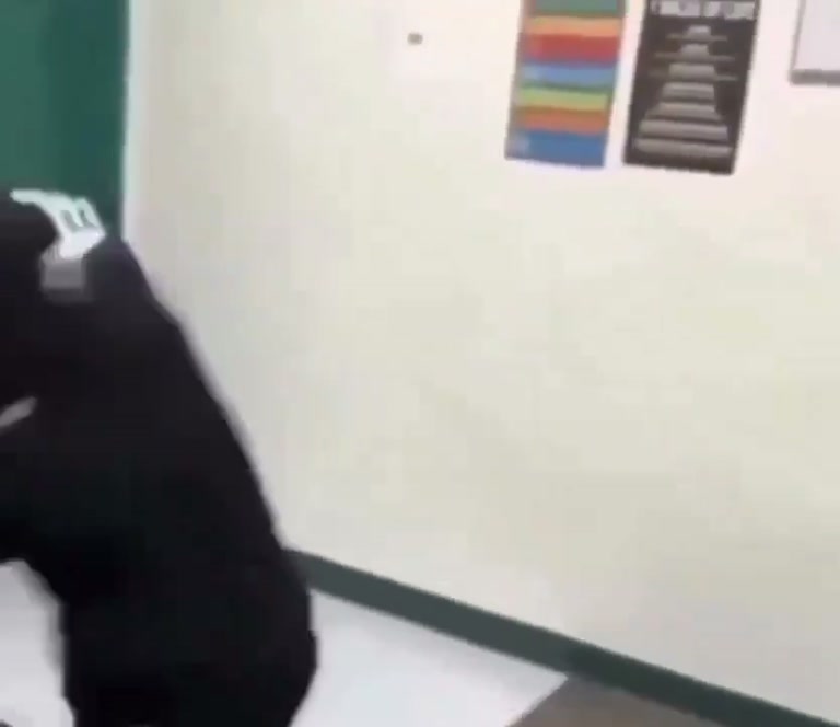 Tense scuffle breaks out in a classroom as a pupil fights back